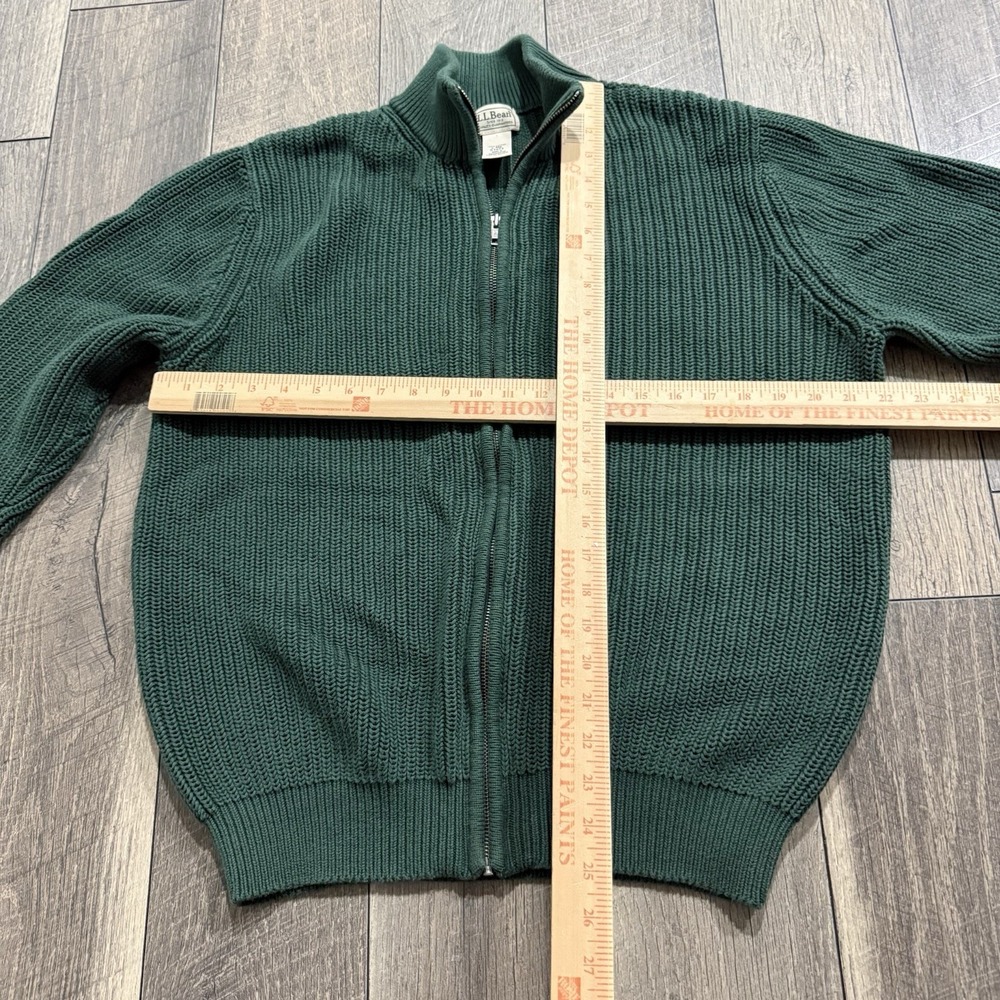LL Bean Cotton Full Zip Sweater Cardigan Green Ribbed Knit Mock Neck Mens L Reg - Picture 5 of 16